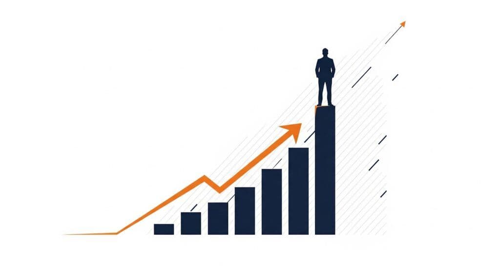 Silhouette of a high performer standing on the tallest bar of a rising chart, symbolizing exceptional performance and growth