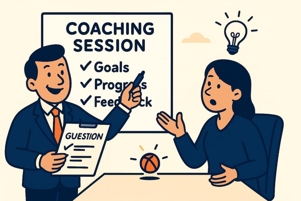 Manager explaining the GROW coaching model during a coaching session with goals, progress, and feedback