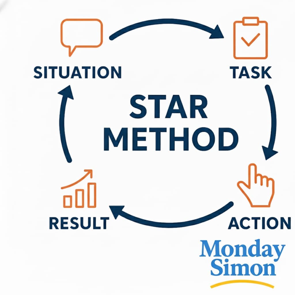 Diagram of the STAR interview method showing Situation, Task, Action, and Result steps for effective hiring and coaching, Monday Simon