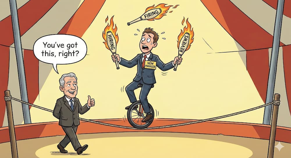 Cartoon illustration of a new manager juggling tasks like hiring and firing while balancing on a unicycle, symbolizing the need for practical manager resources and support.