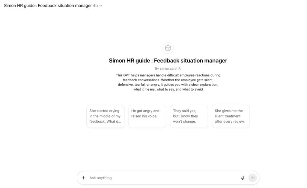 Screenshot of the ChatGPT for Feedback Conversations tool by Monday Simon showing scenarios that help managers handle difficult employee reactions during feedback discussions.