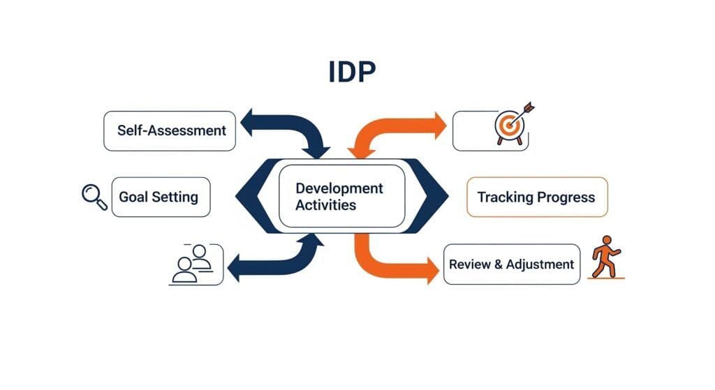 Individual Development Plan (IDP) process showing self-assessment, goal setting, development activities, tracking progress, and review & adjustment.