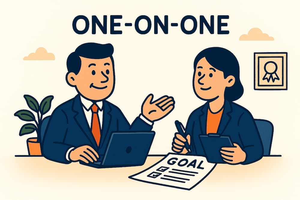 Manager and employee having a one-on-one meeting to discuss goals and unblock issues, Monday Simon
