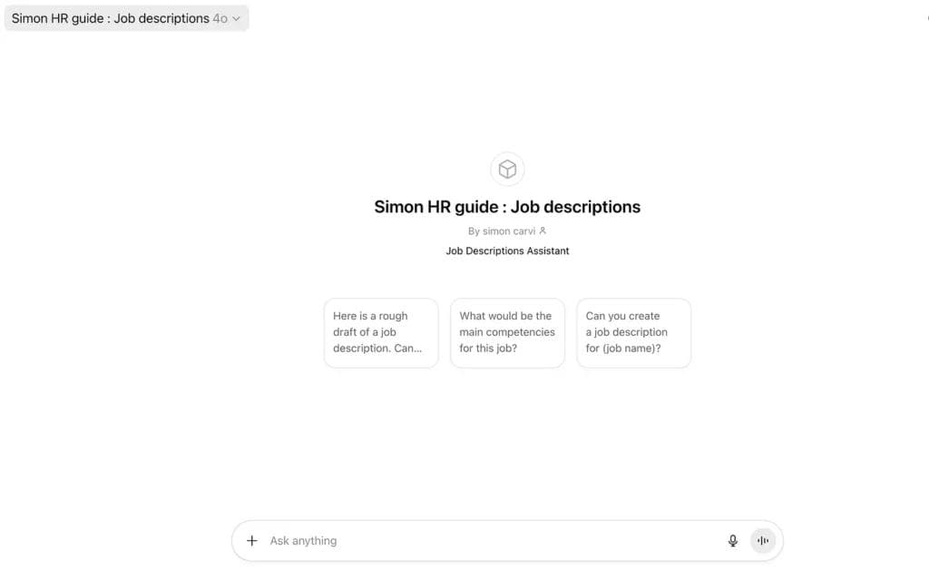 Screenshot of the ChatGPT for job descriptions tool by Monday Simon showing how managers can generate clear, competency-based job descriptions.