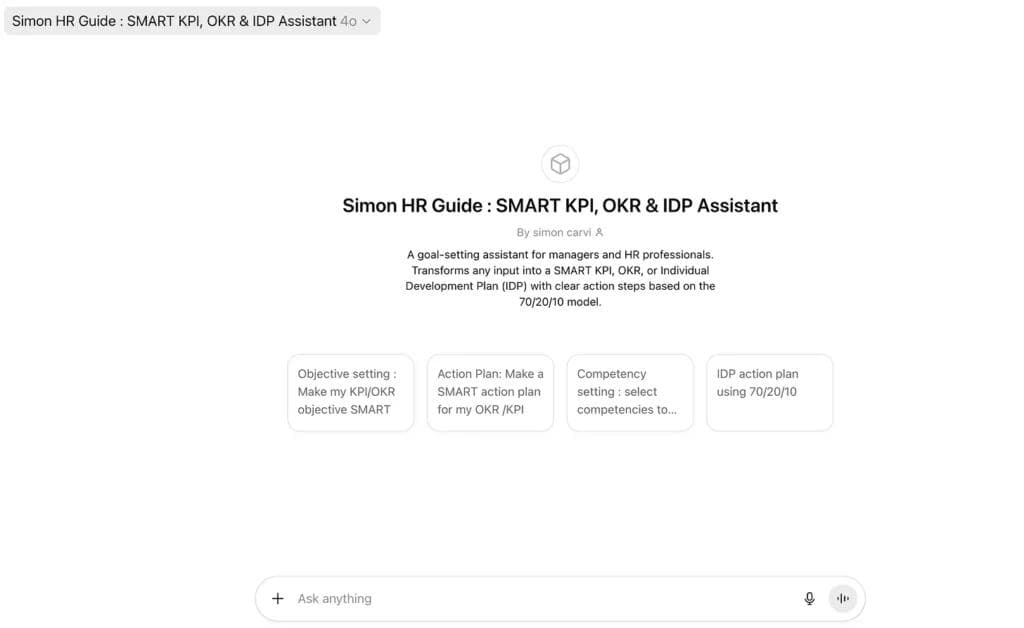 Screenshot of the ChatGPT for KPIs, OKRs and IDPs tool by Monday Simon showing goal-setting options for managers.