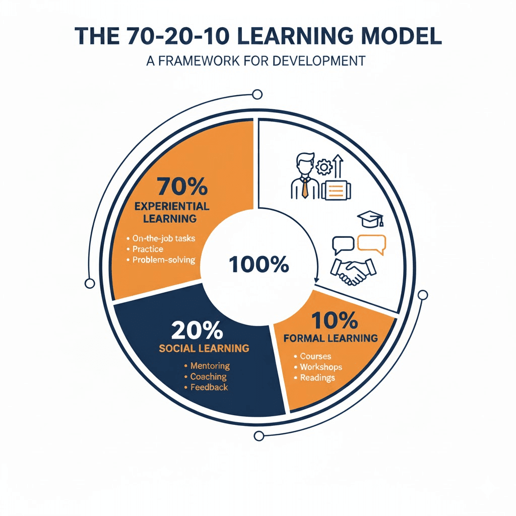 Illustration of the 70 20 10 learning model showing how 70% experiential learning, 20% social learning, and 10% formal learning contribute to development.