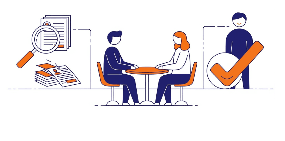 Illustration of the recruitment process showing applications, shortlist, interviews, and job offer stages along a hiring journey roadmap.