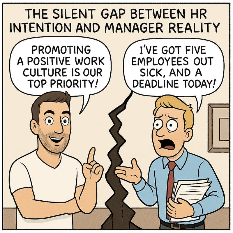 Cartoon showing the gap between HR intentions and manager reality, illustrating HR issues caused by misalignment between policy and day-to-day pressure.