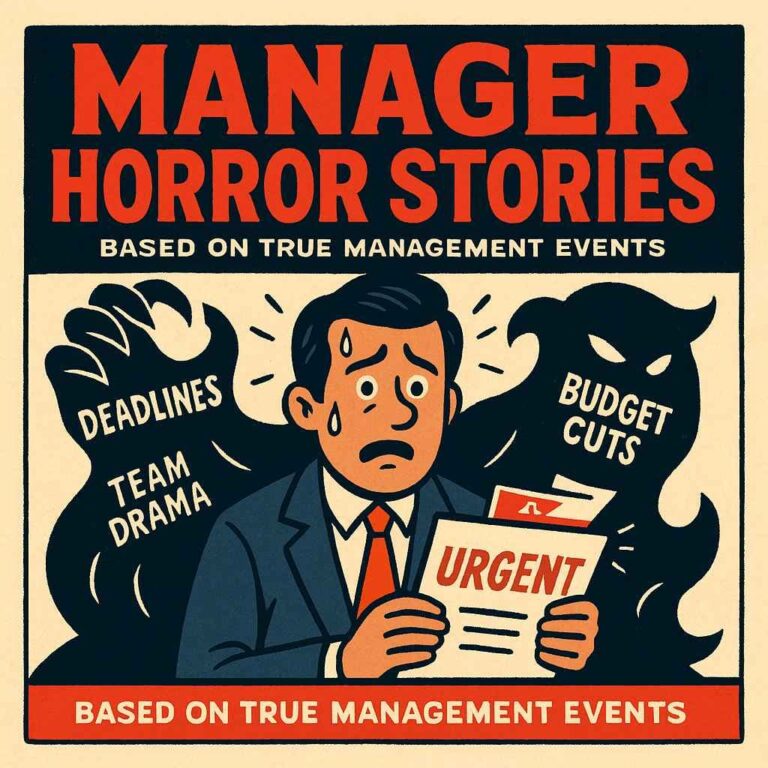 Illustration of a worried manager surrounded by shadows labeled deadlines, team drama, and budget cuts — representing common management mistakes and challenges.