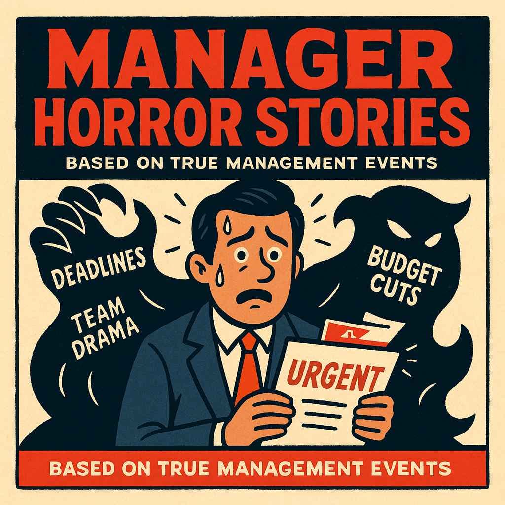 Illustration of a worried manager surrounded by shadows labeled deadlines, team drama, and budget cuts — representing common management mistakes and challenges.