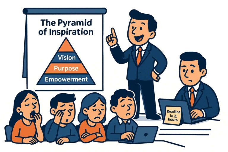 Difference between manager and leader illustration showing a leader presenting the Pyramid of Inspiration with vision, purpose, and empowerment while the team looks disengaged.