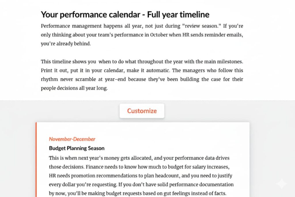Corporate management training performance calendar showing year-round timeline for manager development and performance management milestones
