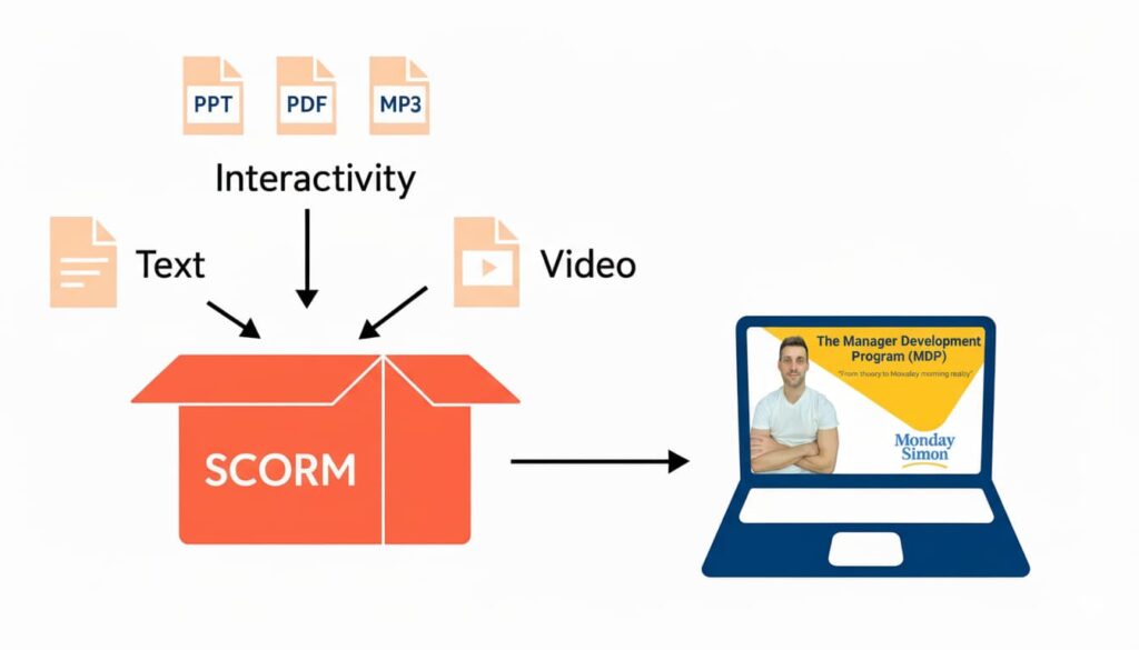 SCORM-based online management training program diagram showing content integration from text, video, and interactivity into LMS deployment