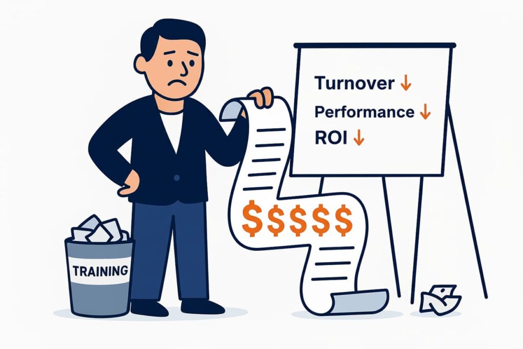 Frustrated manager with wasted training budget showing declining turnover, performance, and ROI metrics - organizational leadership development problems