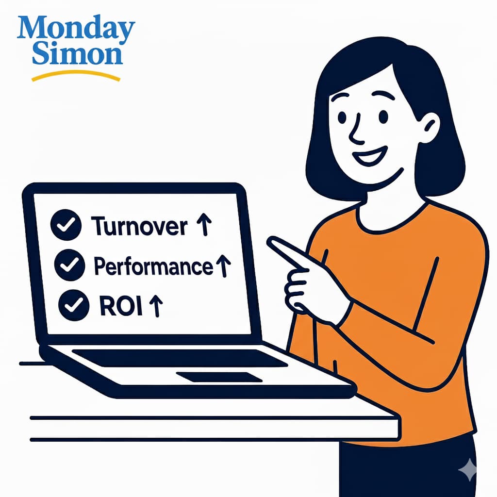 HR professional presenting organizational leadership development results showing improved turnover, performance, and ROI metrics on laptop dashboard