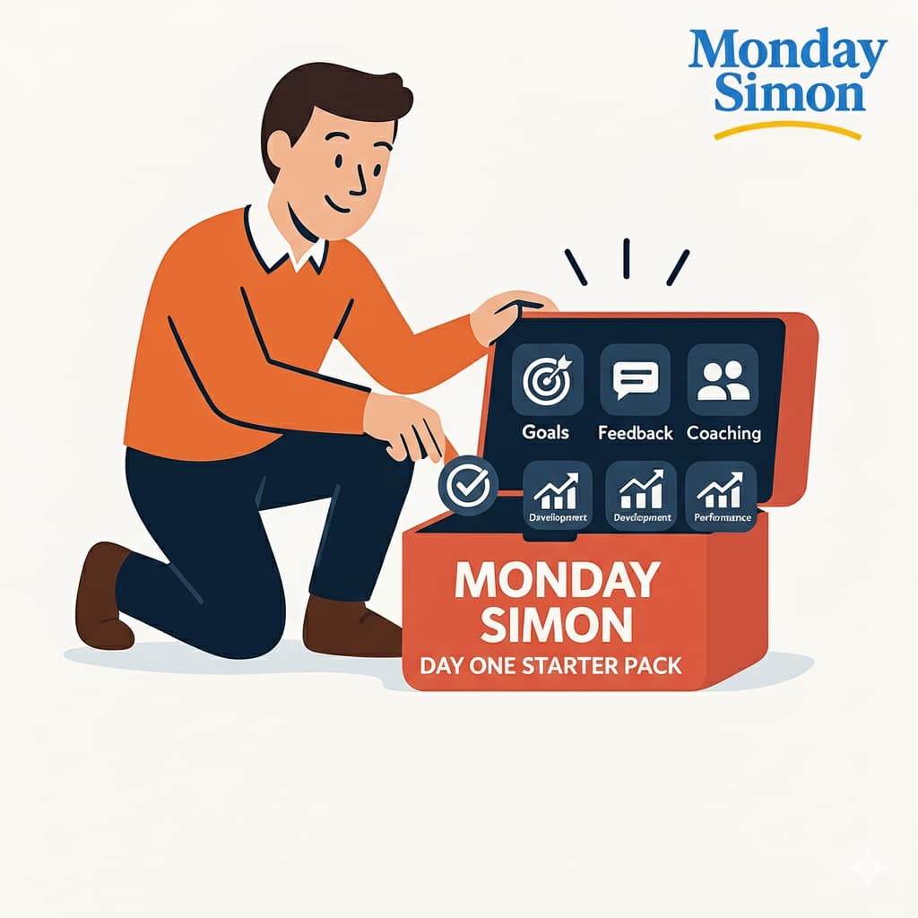 Illustration of new manager training showing fundamentals toolkit with goals, feedback, coaching and performance management. 