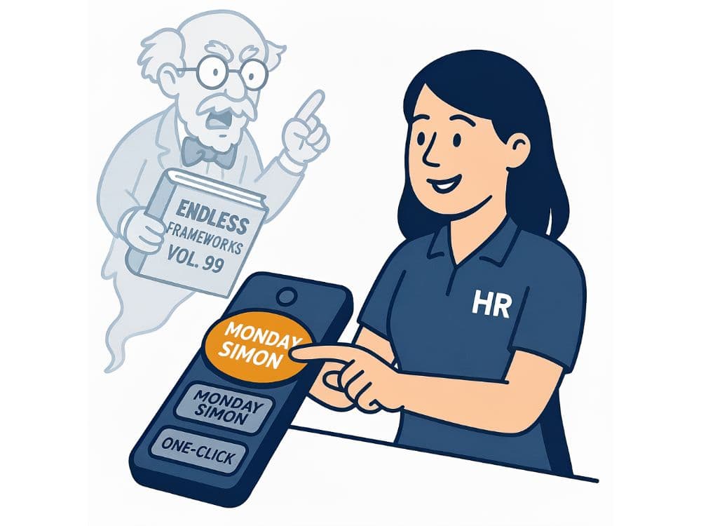 HR professional deploying Monday Simon scalable manager development program for LMS, delivered on mobile device with SCORM compliance
