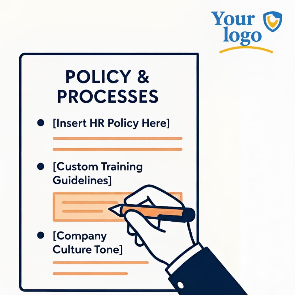 Corporate management training customization template showing company policy integration, training guidelines, and culture tone options with placeholder for company logo