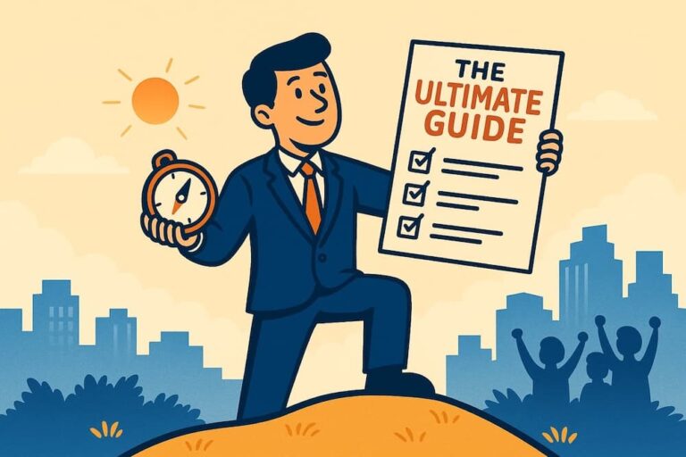 Cartoon illustration of a confident new manager holding a checklist titled “The Ultimate Guide,” representing leadership direction, goal setting, and clarity for first-time managers.