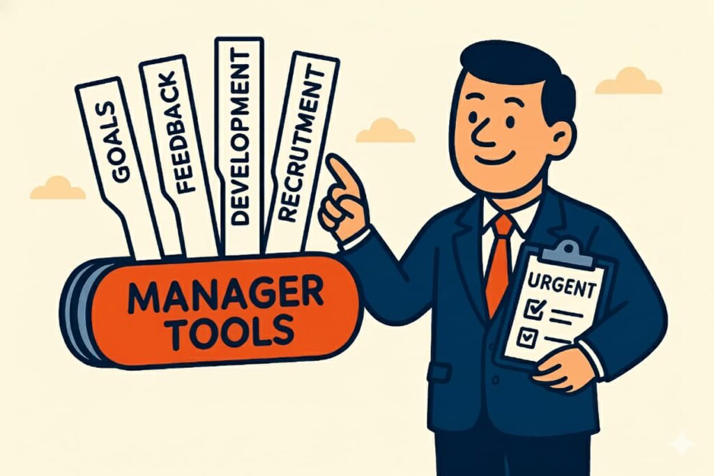 Illustration of a manager presenting a manager tools kit with goals, feedback, development, and recruitment elements.