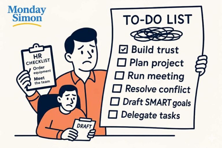 New manager checklist illustration showing a manager holding a to-do list with tasks like build trust, run meetings, and delegate tasks — Monday Simon training visual.