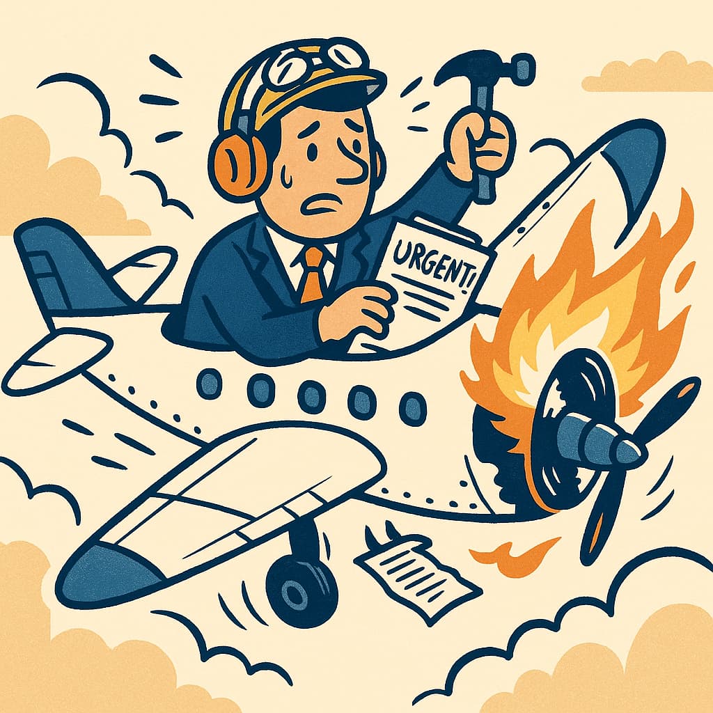 Illustration of a new manager trying to fix a burning airplane — a metaphor for managers taking control before things go wrong. Represents new manager tips on preparation and leadership under pressure.