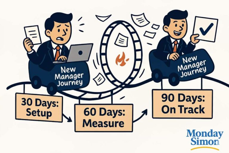 30 60 90 day plan illustration showing a new manager journey through setup, measurement, and on-track execution — Monday Simon management visual.