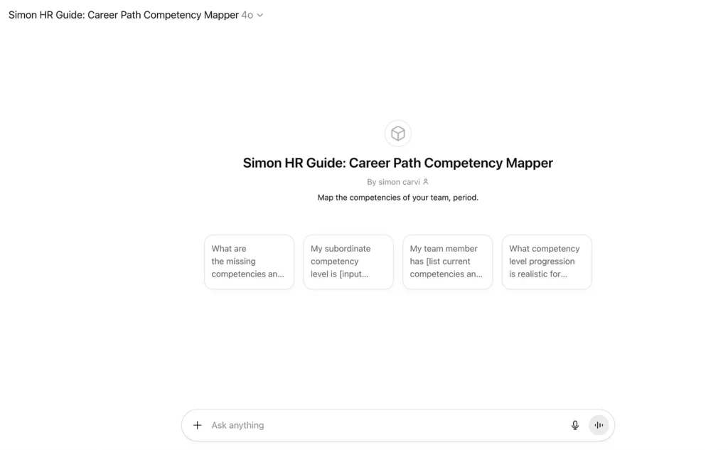 Screenshot of the ChatGPT for Competencies tool by Monday Simon showing the Career Path Competency Mapper for identifying missing skills and defining progression levels.