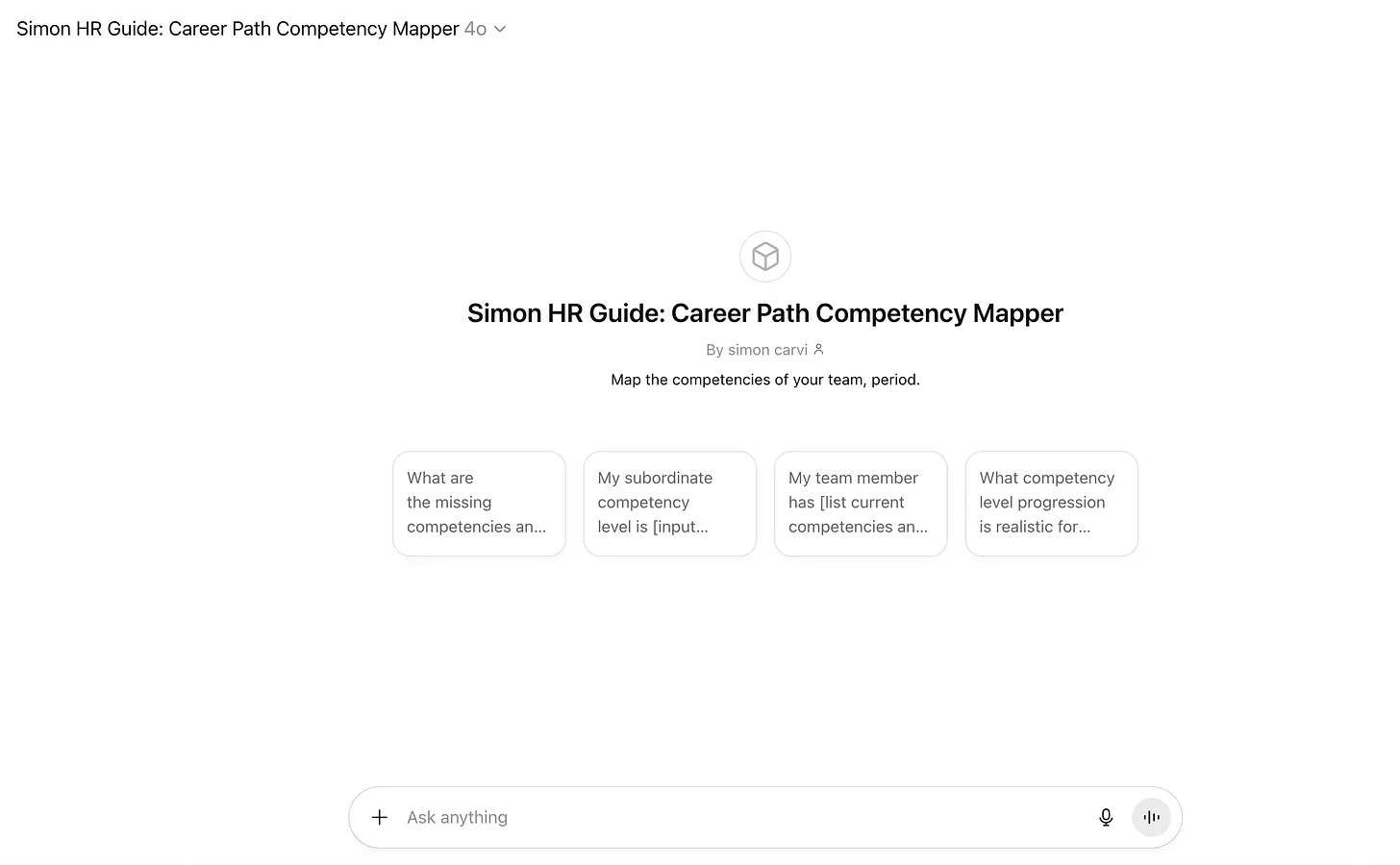 Screenshot of the ChatGPT for Competencies tool by Monday Simon showing the Career Path Competency Mapper for identifying missing skills and defining progression levels.