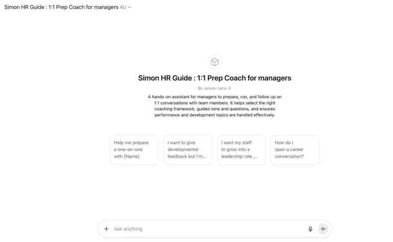 Screenshot of the ChatGPT for One-on-One Meetings tool by Monday Simon showing coaching prompts for managers to prepare one-on-one discussions.