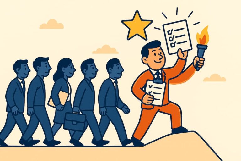 Illustration of a high performer leading the team, holding a checklist and torch as a symbol of excellence