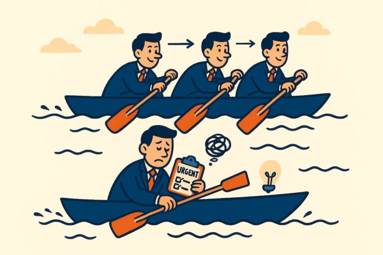 Illustration of a poor performer slowing down team performance while others row forward, symbolizing performance management challenges