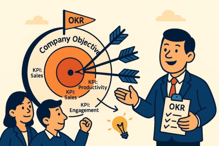 Illustration showing a manager explaining KPIs and OKRs with targets for productivity, sales, and engagement to align team goals with company objectives.