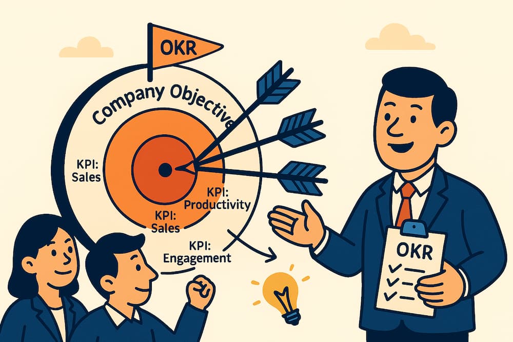 Illustration showing a manager explaining KPIs and OKRs with targets for productivity, sales, and engagement to align team goals with company objectives.
