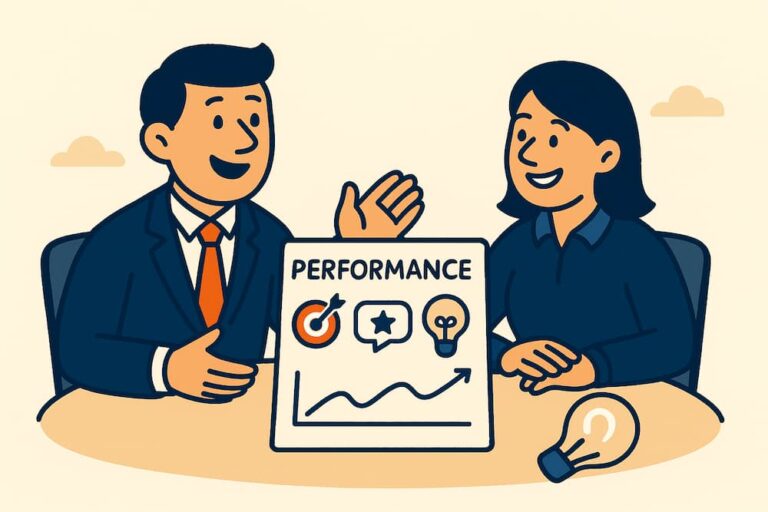Manager discussing performance management results using a visual dashboard and performance indicators