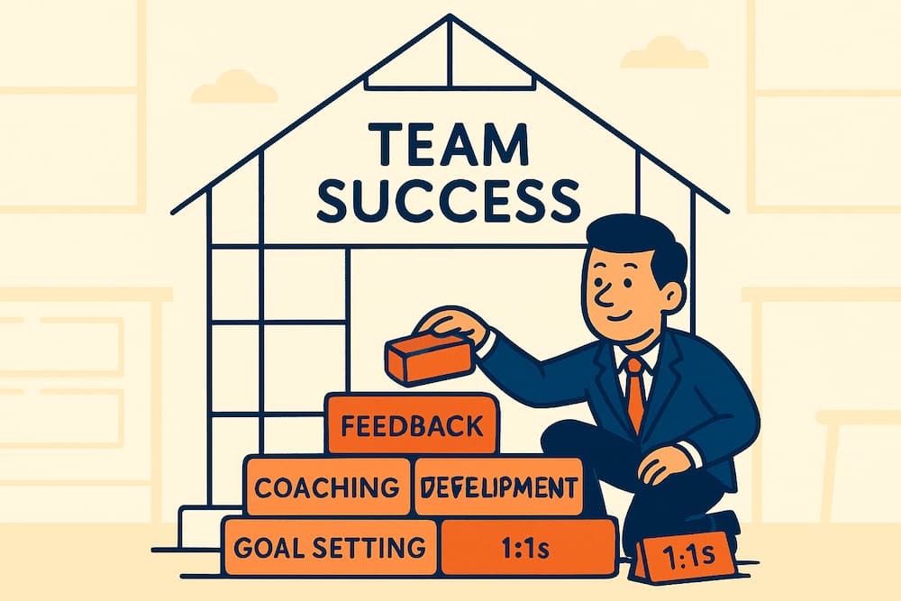 Manager basics illustration showing core skills like goal setting, coaching, feedback, and 1:1s that build team success