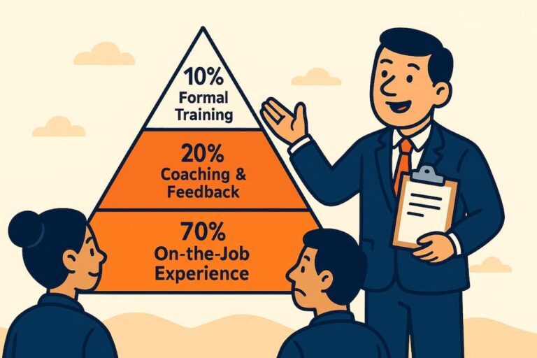 Illustration of the 70 20 10 learning model pyramid showing 70% on-the-job experience, 20% coaching and feedback, and 10% formal training.