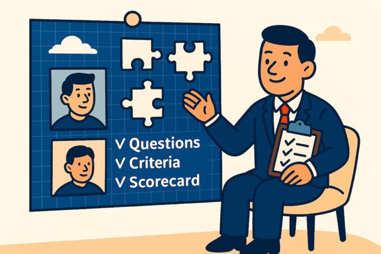 Illustration of a manager preparing a structured interview using predefined questions, evaluation criteria, and a scorecard.