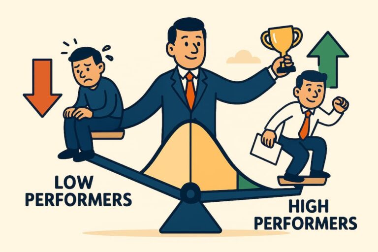 Illustration of the bell curve performance rating system comparing low performers and high performers.