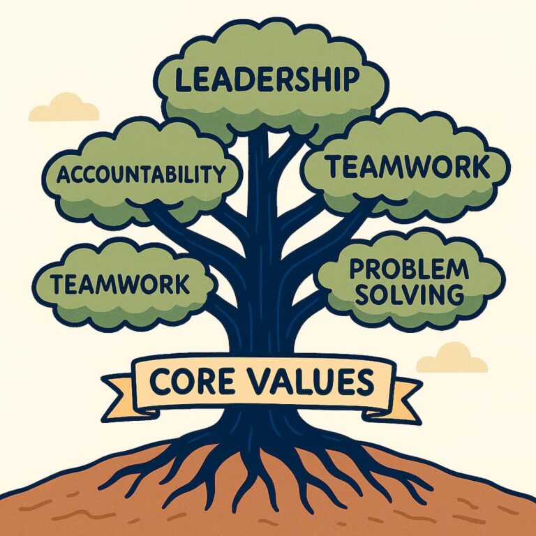 Illustration showing core competencies such as leadership, teamwork, accountability, and problem-solving that drive employee performance and retention