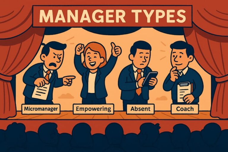 Cartoon illustration showing four manager types — Micromanager, Empowering Manager, Absent Manager, and Coach — representing different management styles from the article What Type of Manager Are You on Monday Simon.