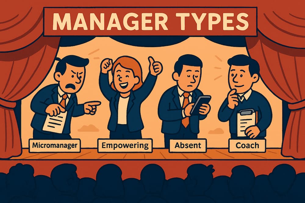Cartoon illustration showing four manager types — Micromanager, Empowering Manager, Absent Manager, and Coach — representing different management styles from the article What Type of Manager Are You on Monday Simon.