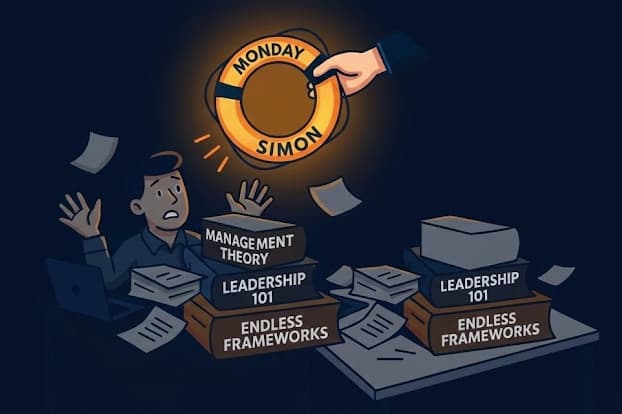 Illustration of managers overwhelmed by theory and endless leadership frameworks, highlighting the need for a practical Manager Development Program.