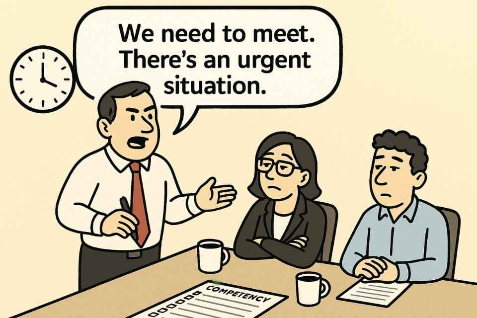 Cartoon of a manager calling an urgent one on one meeting with team members looking frustrated – highlights poor meeting habits