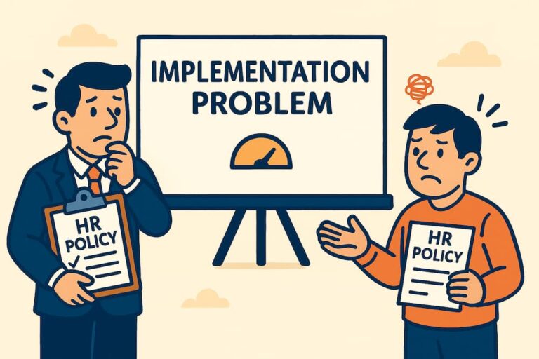 Illustration of managers struggling with HR policy implementation, highlighting common HR issues.