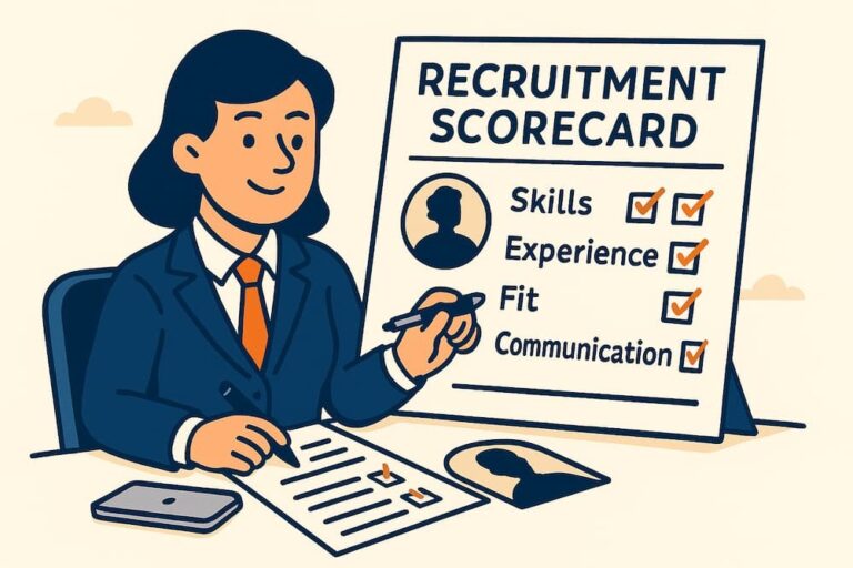 Illustration of a recruiter using a recruitment scorecard to evaluate candidates based on skills, experience, communication, and cultural fit.