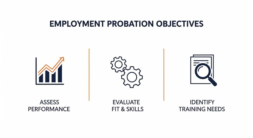 3 point of employee probation objectives: asses performance, evaluate skills and identify training needs