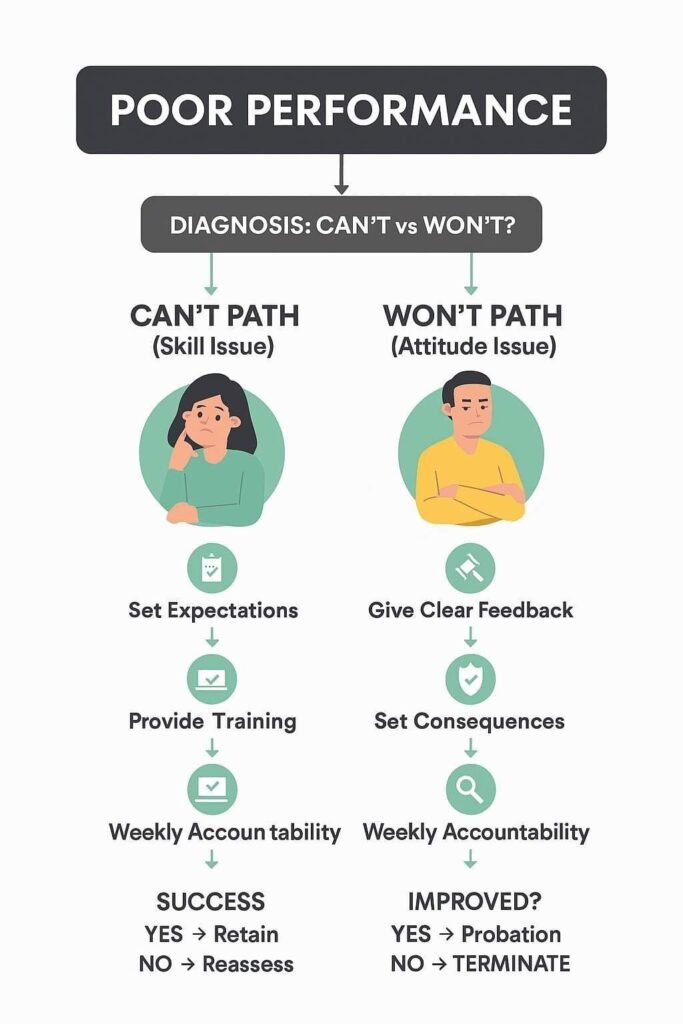 Performance Improvement Plan (PIP) framework for diagnosing poor performance and distinguishing between skill and attitude issues