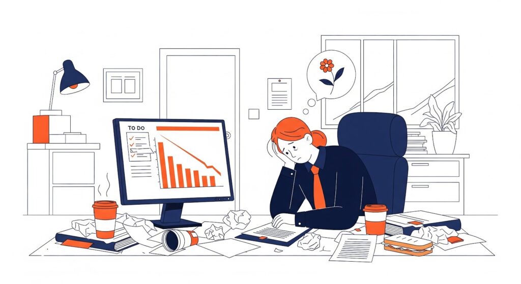 Illustration of a poor performer struggling with low productivity and declining performance at work