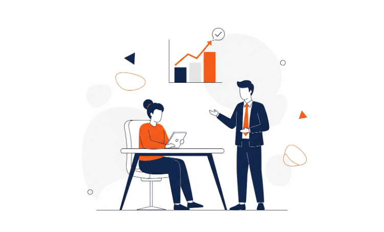 Manager discussing performance management results with an employee, reviewing progress and performance indicators